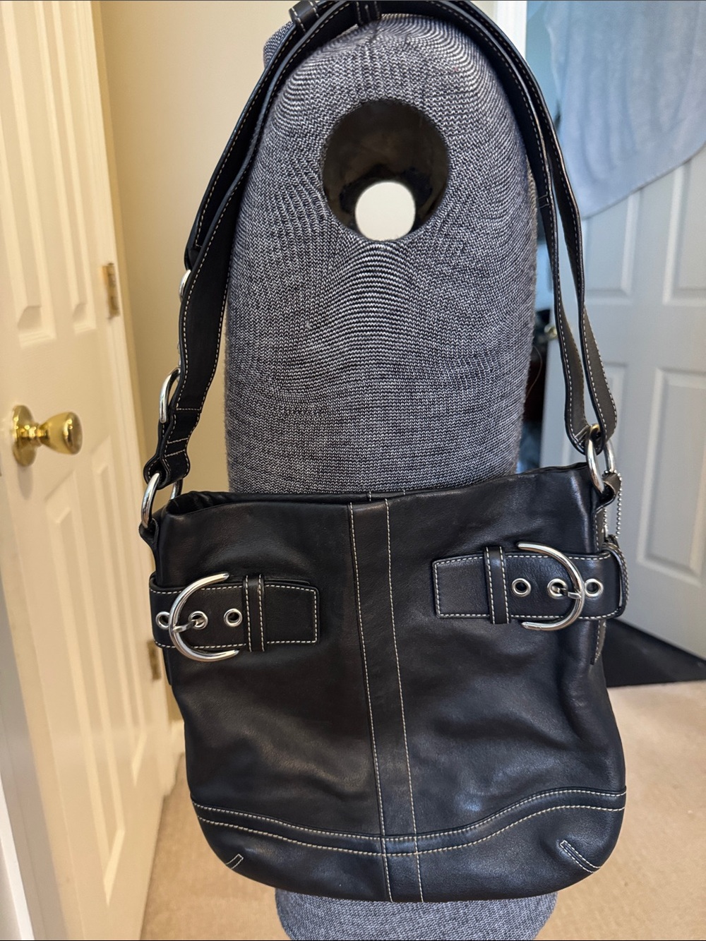 Coach Black Leather Shoulder Bag with Silver Buckles